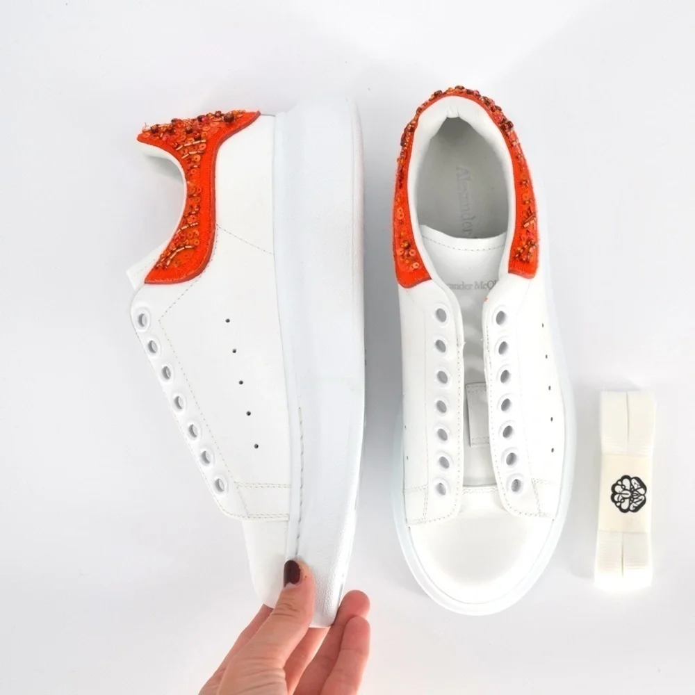 NEW Alexander Mcqueen Oversized Sneakers Sequin Beads White Red Leather Size 37